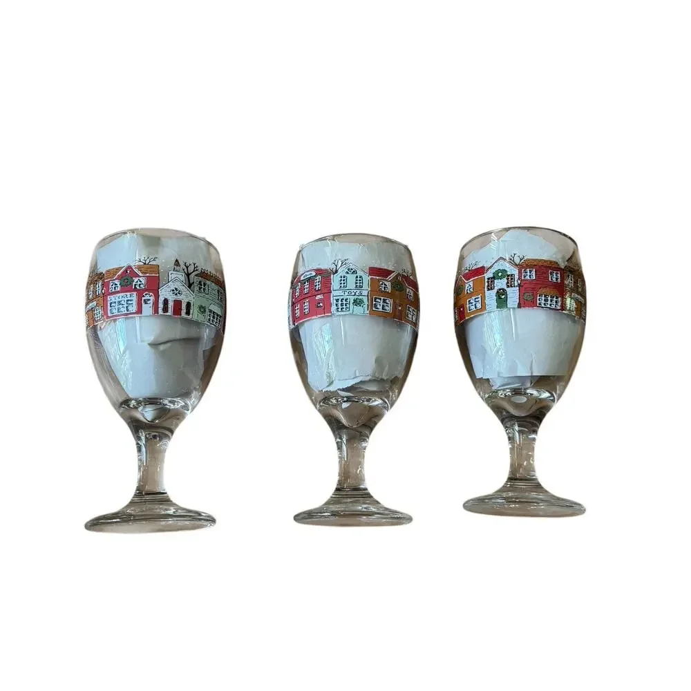 Set of 3 Christmas‎ Village Wine Glasses Holiday Goblets Hand Painted Houses